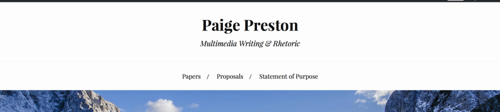 Screenshot of the heading of a blog. Includes links to papers, proposals, and a statement of purpose