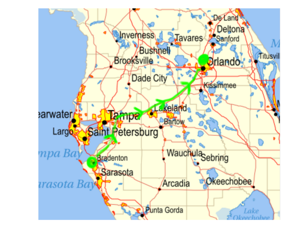 Tori's map that shows a travel line from southern Florida to Central Florida